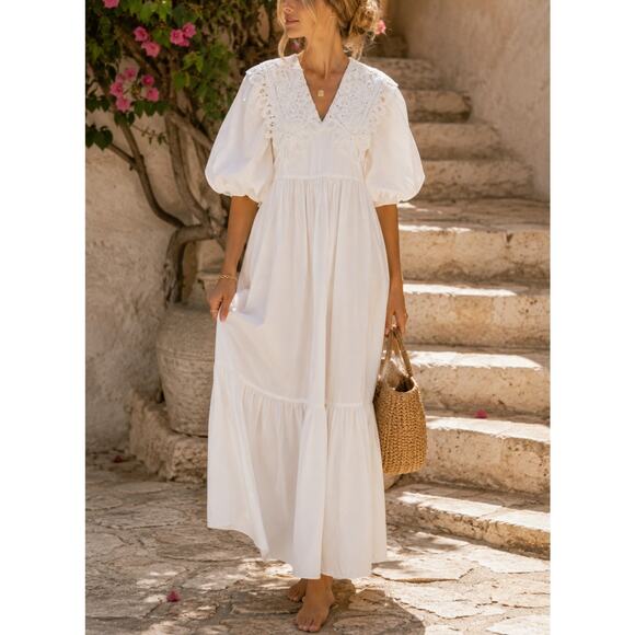 HUNTER BELL Dresses & Skirts - Hunter Bell Mercer Dress White Cotton Lace Collar Puff Sleeve Midi Maxi Dress L
